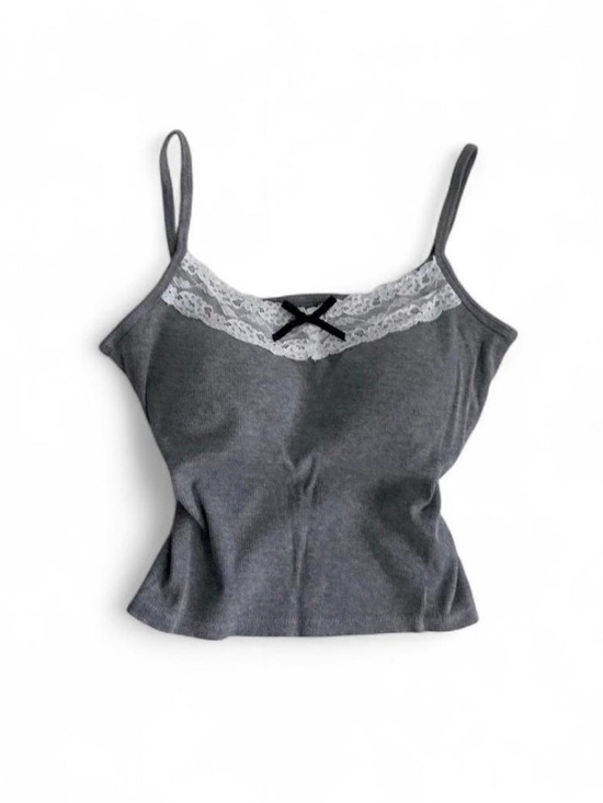 Tops - coquette grey cami with white lace trim ꣑ৎ